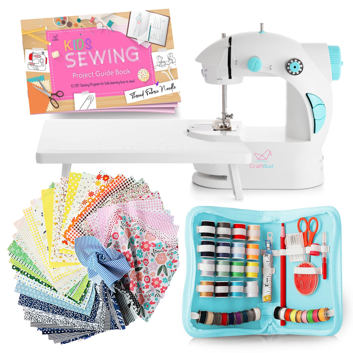 kids mini sewing machine kit includes 50 pieces of 10β x 10β patterned fabric and a sewing projects guidebook.