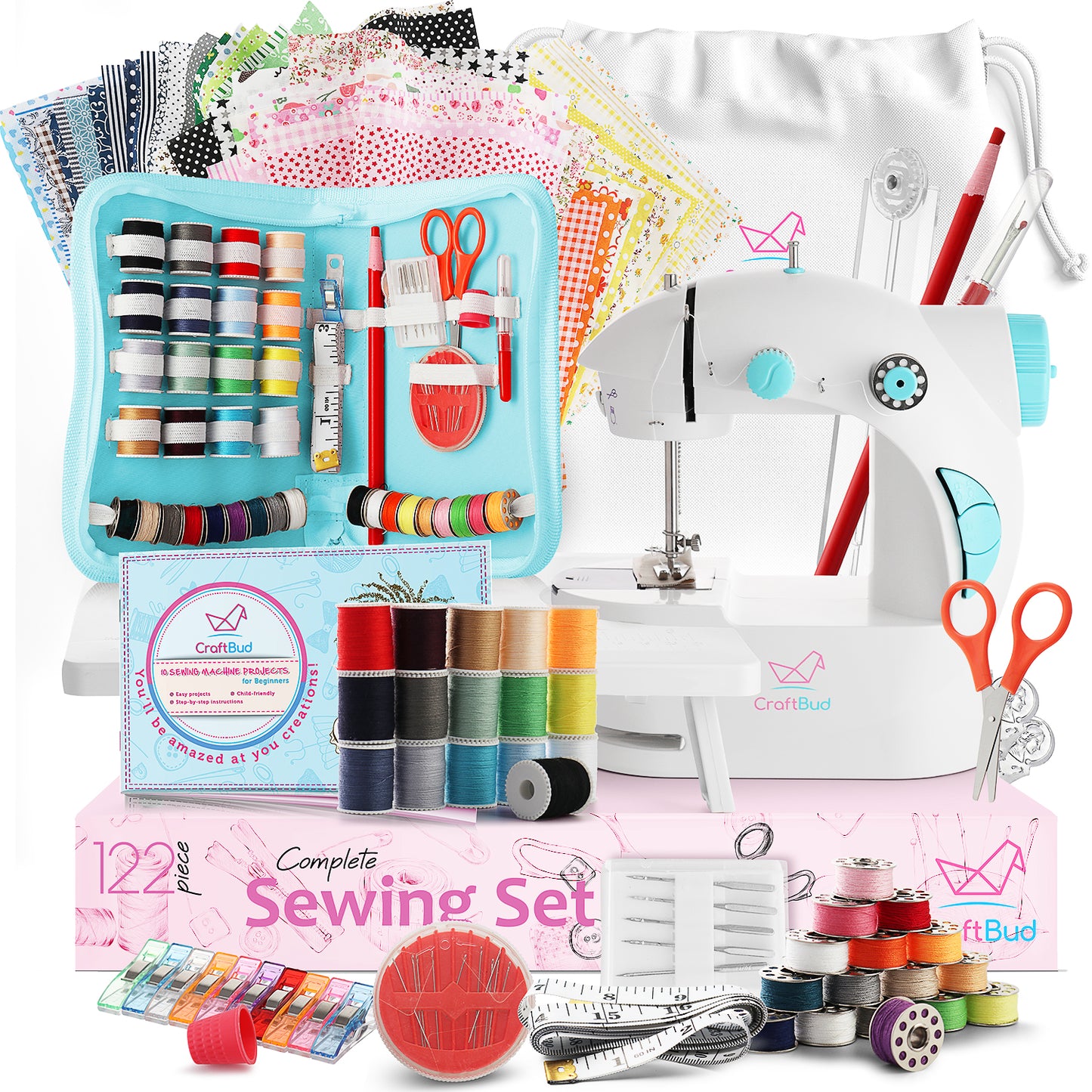 image of everything included in the kids mini sewing machine kit