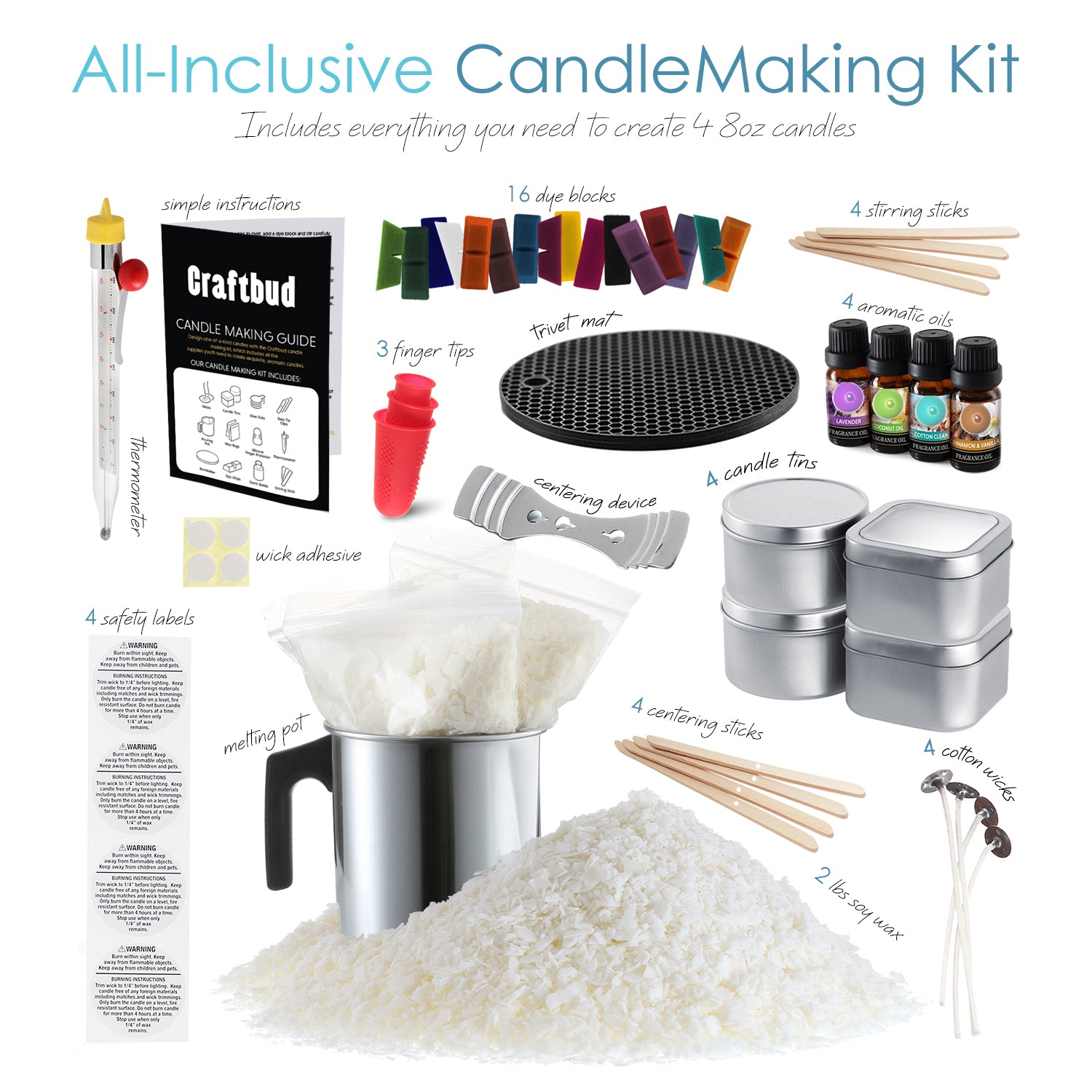 CraftBud Soy Candle Making Kit with Dried Flowers - 50 Pieces - Candle Wax  for Candle Making - 2lbs Natural Soy Wax, Tin, Cotton Wicks, Dried Flowers,  and Lot More