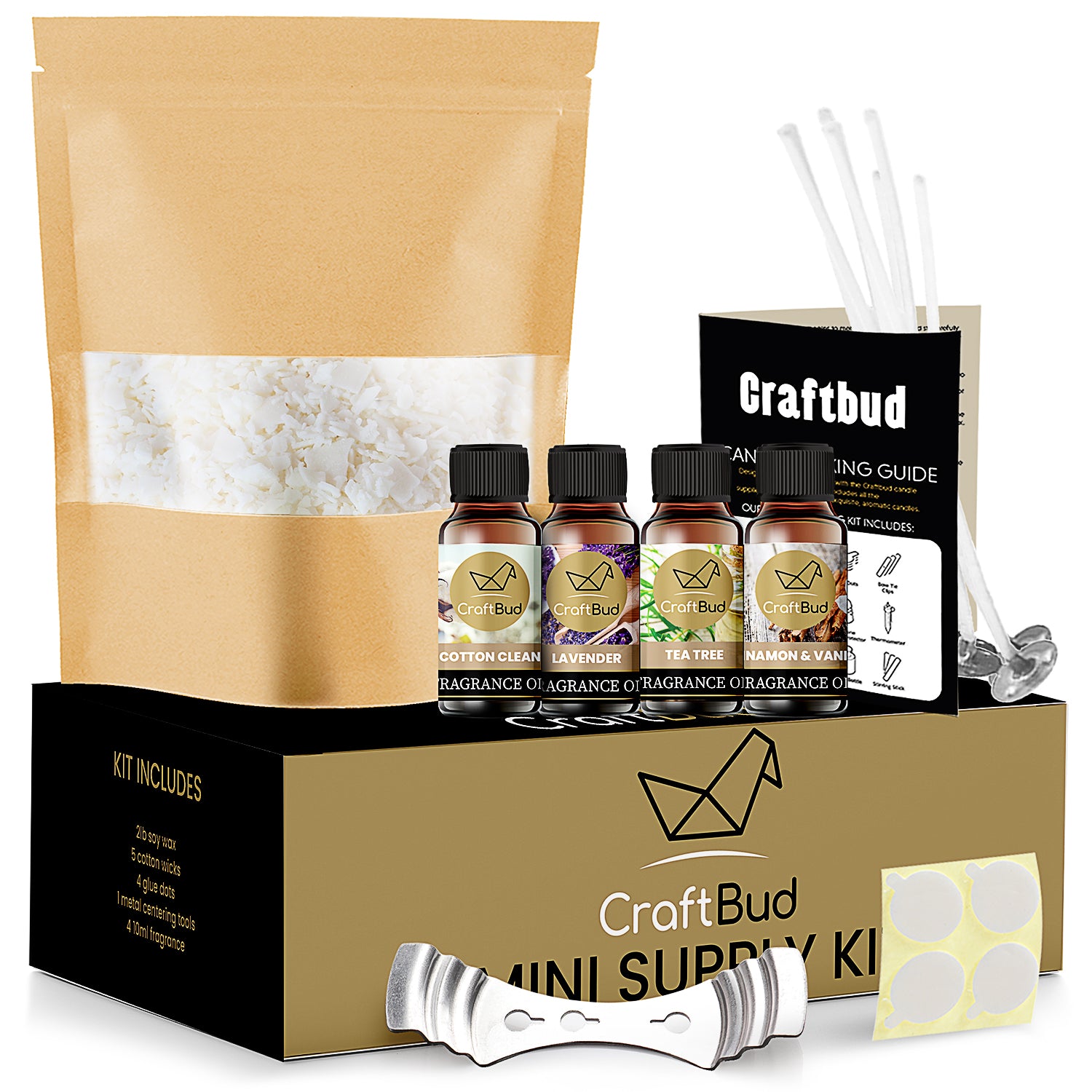 Craftbud DIY Candle Making Mini Supply Kit - 2lbs Natural Soy Wax, Fragrance Oil, Cotton Wicks, Centering Tool, and Glue Sticker - Multi